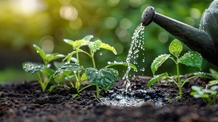 A watering hose pouring water onto a green plant in a garden.の素材