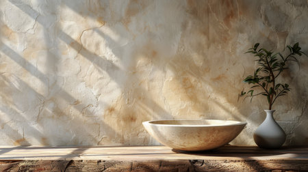 A simple white bowl placed on top of a wooden counter, creating a minimalist and functional kitchen setting.の素材