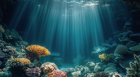 A view beneath the oceans surface reveals a vibrant coral reef illuminated by sunbeams filtering through the water.の素材
