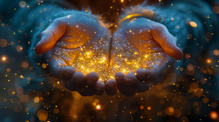 A person holding out their hands covered in glitter, showing a sparkling and shimmering effect.の素材