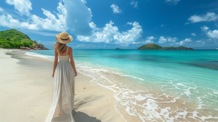 A woman wearing a white hat is seated on the sandy beach by the sea.の素材