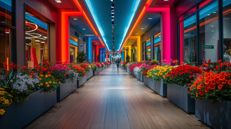 A long hallway lined with potted flowers on each side.の素材