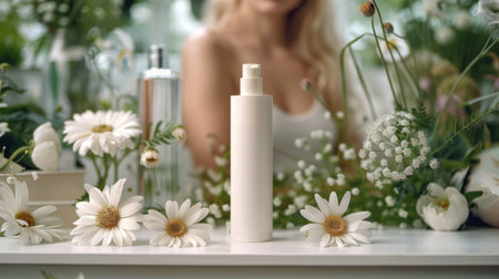 A bottle of lotion amidst a vibrant display of flowers and butterflies in a garden setting.の素材