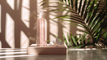 A bottle of lotion placed on a wooden table, with a simple and straightforward composition.の素材