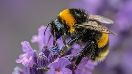 A bee is close up on a purple flower, collecting nectar and pollinating the bloom.の素材
