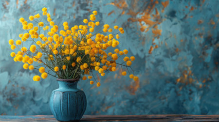 Blue vases filled with yellow flowers arranged neatly on a table.の素材