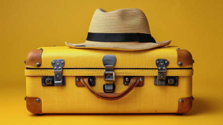A yellow suitcase topped with a hat in a simple setting.の素材