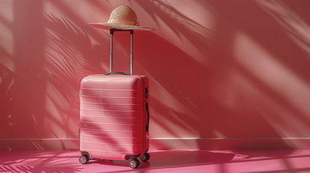 A pink room featuring a suitcase placed next to a potted plant.の素材