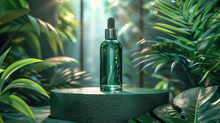 A bottle of lotion placed on a clean white table surface.の素材