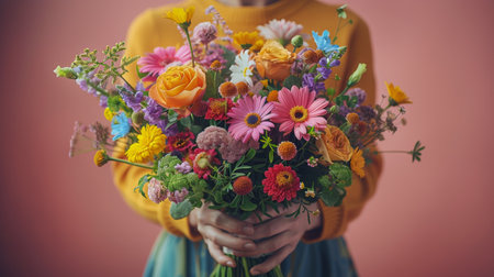 A person holding a vibrant bouquet of assorted colorful flowers in their hands.の素材
