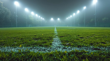 A soccer field under bright lights, ready for a night game under a clear sky.の素材