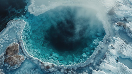 View from above of a blue hole in icy surroundings.の素材