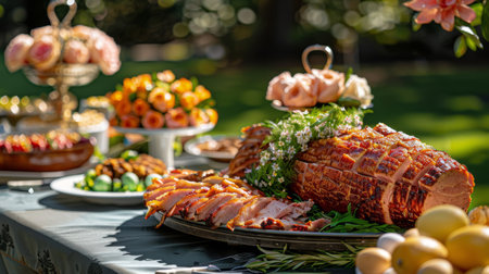 A table filled with various meats and dishes, creating a plentiful feast for a gathering or celebration.の素材