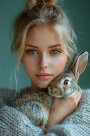 A woman gently cradling a fluffy rabbit in her arms.の素材
