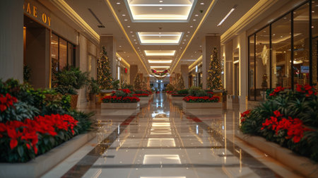 A hallway adorned with vibrant Christmas decorations and red poinsettias, creating a festive and cheerful atmosphere.の素材