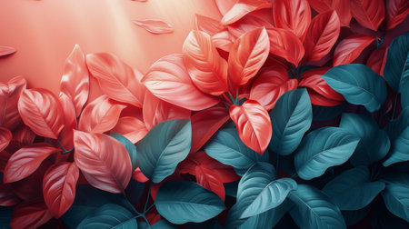A painting featuring vibrant red and green leaves against a soft pink background.の素材