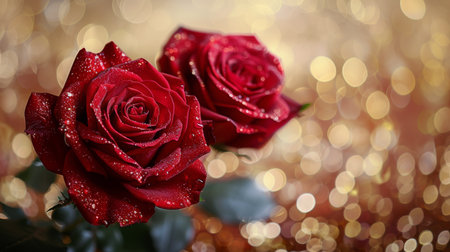 Close-up of two vibrant red roses displayed on a wooden table.の素材
