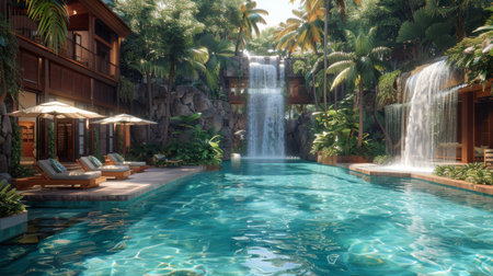 A stunning waterfall cascading into a pool surrounded by rocks in a natural setting.の素材