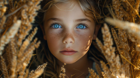 A young girl with piercing blue eyes standing amidst a field of golden wheat.の素材