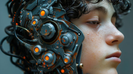 A detailed view of a person wearing a futuristic robot suit, showing the intricate design and technology.の素材