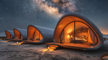 A group of tents scattered across snow-covered ground in a wintry landscape.の素材