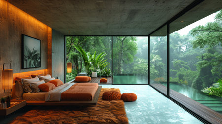 A bedroom featuring a pool at its center, creating a unique and modern design concept.の素材