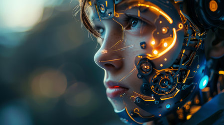 A detailed view of a person wearing a futuristic robot suit, showing the intricate design and technology.の素材