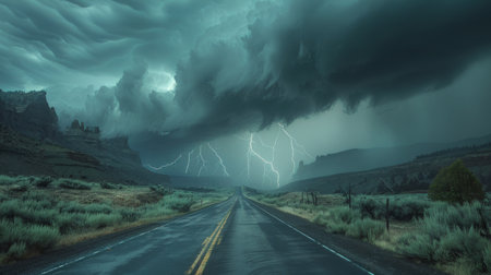 A lightning striking bolt through the sky above a flowing river.の素材