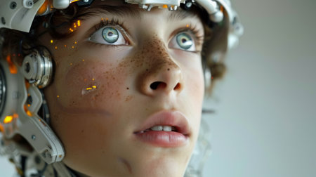 Close-up view of a person donning a futuristic robot helmet, showing intricate details and technology.の素材