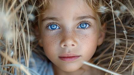 Detailed view of a dolls face with striking blue eyes, showing intricate details and realistic features.の素材