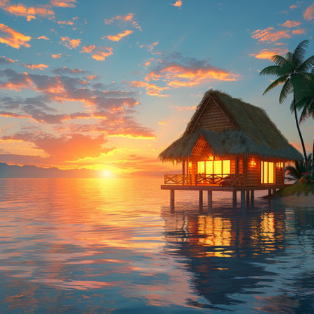 A hut built on stilts above the water with a vibrant sunset in the background.の素材