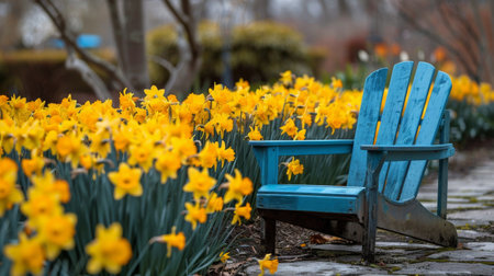 A blue chair stands out against a sea of yellow flowers in a vibrant field.の素材
