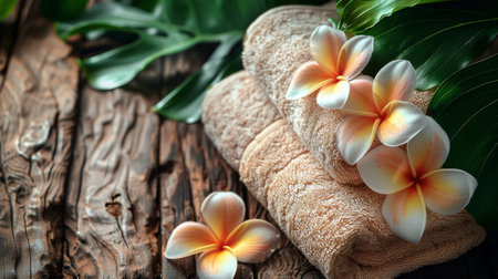 A folded towel is decorated with vibrant flowers placed on top, creating a colorful and decorative display.の素材