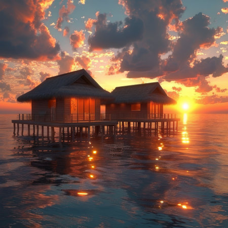 A hut built on stilts above the water with a vibrant sunset in the background.の素材