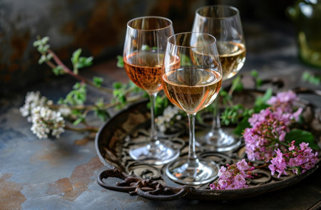 three French white wine glasses with two wrought iron finials on an antique tin tray.の素材