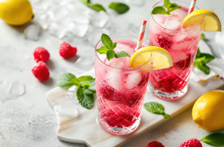 two glasses with raspberry lemonade with garnishes, ready-made.の素材