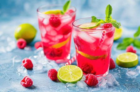 with lime and a raspberry, two glasses of raspberry lemonade.の素材