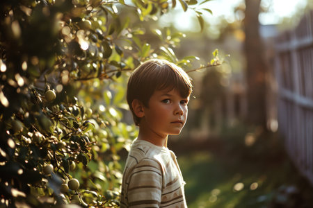 young boy standing in the yard boy.の素材