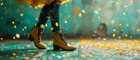 woman leg standing against green background with fancy confetti falling.の素材