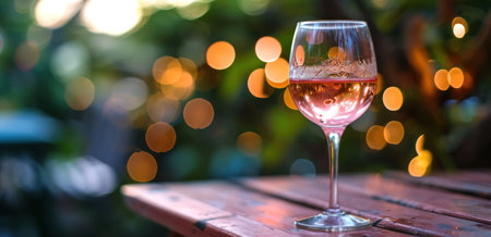 wine glass of pink wine on a table in the summer garden.の素材
