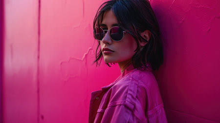 woman in a pink jacket and sunglasses and pink background.の素材
