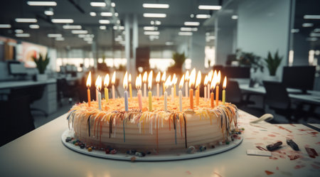 a birthday cake appears with candles on top in an office space.の素材