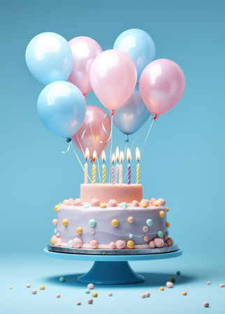 a birthday cake with birthday candles and balloons on a blue background.の素材