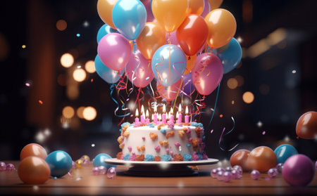 a birthday cake with balloons in it.の素材