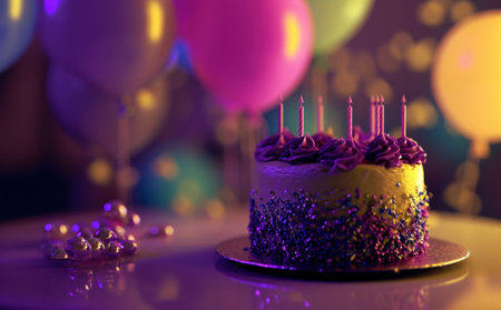 a colorful birthday cake sitting next to balloons.の素材