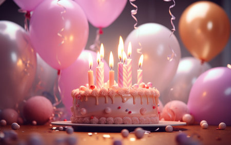 a birthday cake with candles topped with balloons and some candles.の素材