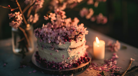 a birthday cake with flowers on a table.の素材