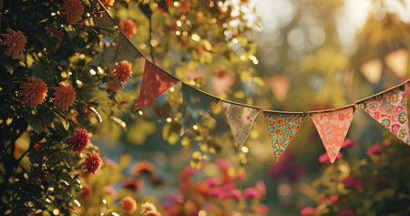 a bunch of buntings with some flowers and leaves.の素材