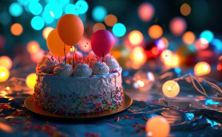 a birthday cake with balloons in it.の素材