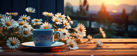a blue cup with daisies on a wooden table.の素材